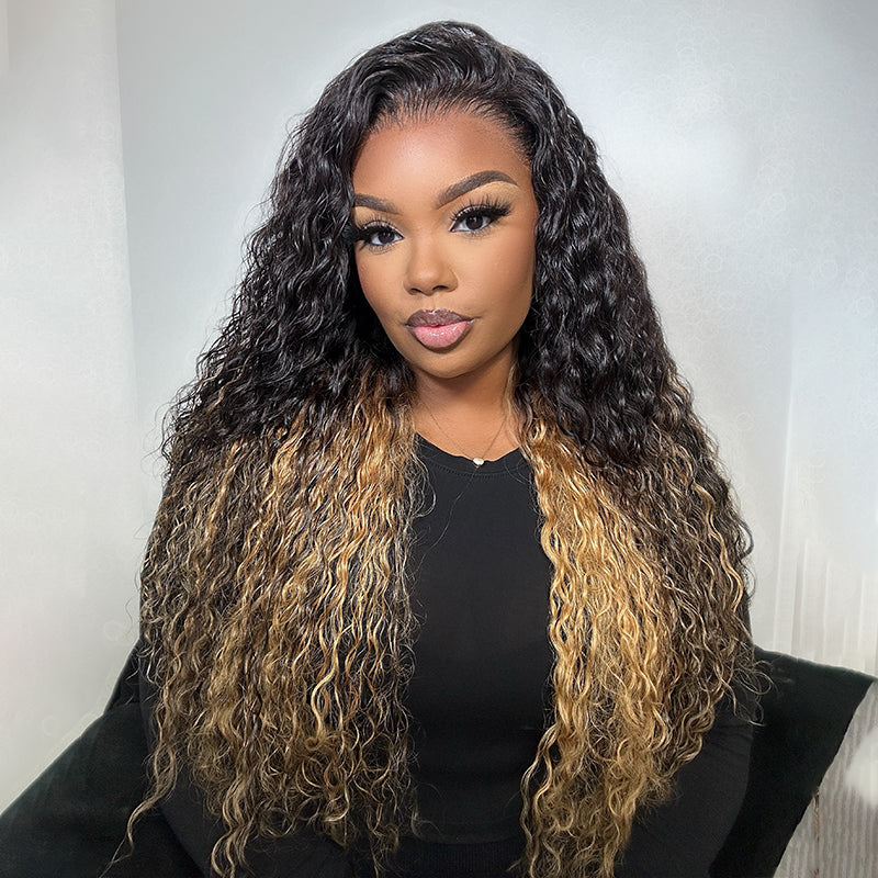 Two Tone Ombre Honey Blonde Glueless Curly Clear Transparent Full Lace Front Colored Wigs 100% Human Hair Wigs-Bangjazz Hair