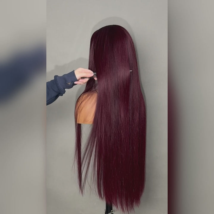 Straight 7x5 / 13x4 Lace Frontal Glueless Dark Purple Cherry Burgundy Wig Invisi Drawstring Human Hair Wigs-Bangjazz Hair