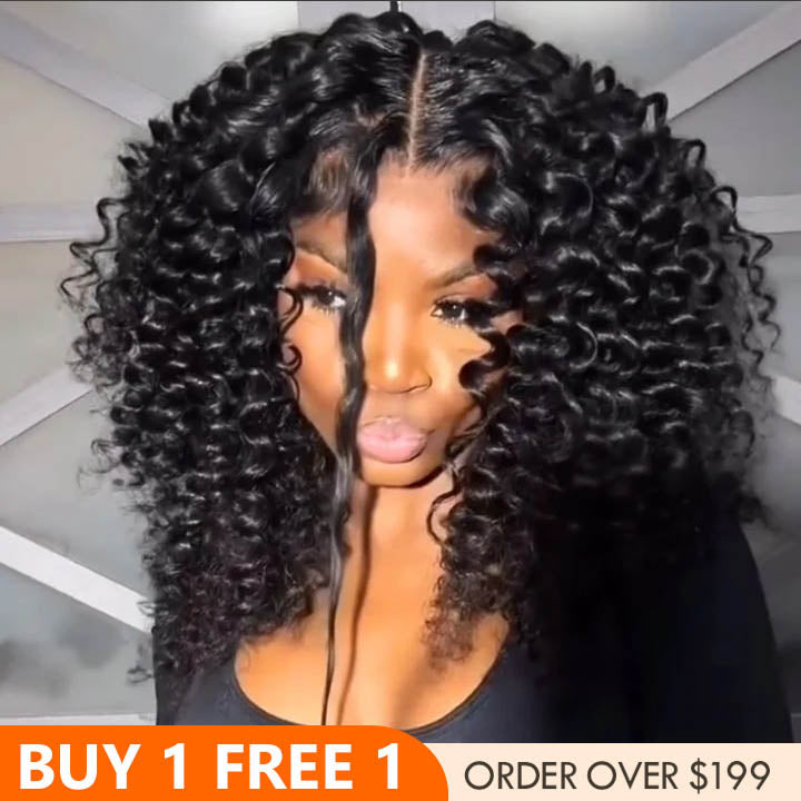 Super Bouncy Deep Curly Glueless Lace Wig Pre Cut Lace with Natural Hairline Mini Knots Human Hair Clear Transparent Lace Front/Closure Wig Natural Black - Bangjazz Hair