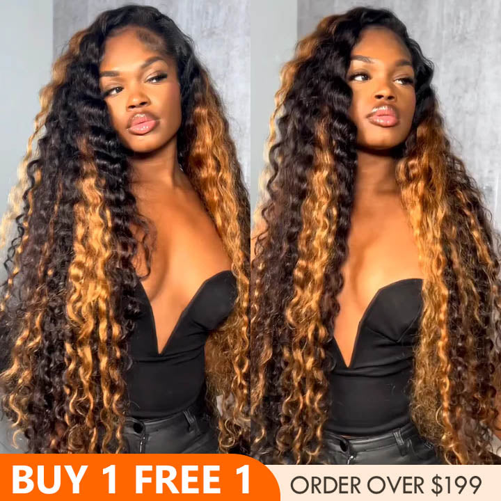 Highlight Golden Glueless Lace Front Wig Human Hair Loose Deep Wave Wigs Clear Transparent Front Wigs Human Hair Pre Plucked with Baby Hair Bangjazz Hair