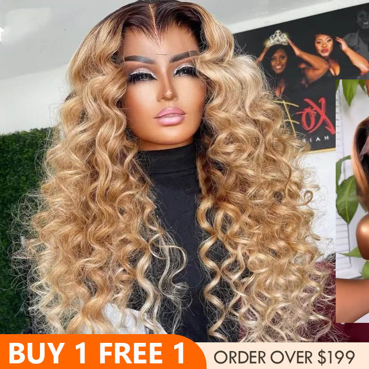 Glueless Ombre Honey Blonde Colored Deep Wave Transparent 180% Density 13x4 Lace Front Human Hair Wigs Human Hair Wigs for Women-Bangjazz Hair