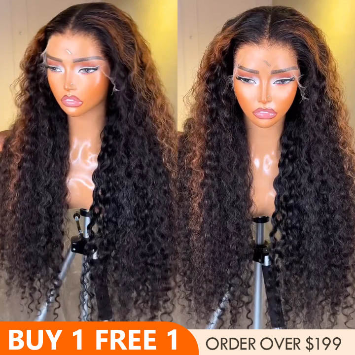 Highlight Color Light Brown Curly Clear HD Lace Front/Closure Wig Pre Plucked Brazilian Human Hair Deep wave Wig - Bangjazz Hair