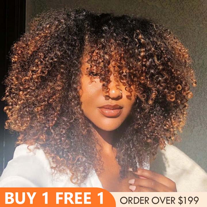 Bangjazz Double Drawn 300% Density 2×4 Lace Glueless Ombre Brown Curly Wig With Bangs & Drawstring