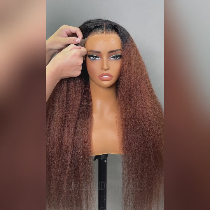 Kinky Straight Reddish Brown / Highlight Brown / Natural Color 13x4 Transparent Lace Front Wigs 100% Human Hair Wigs