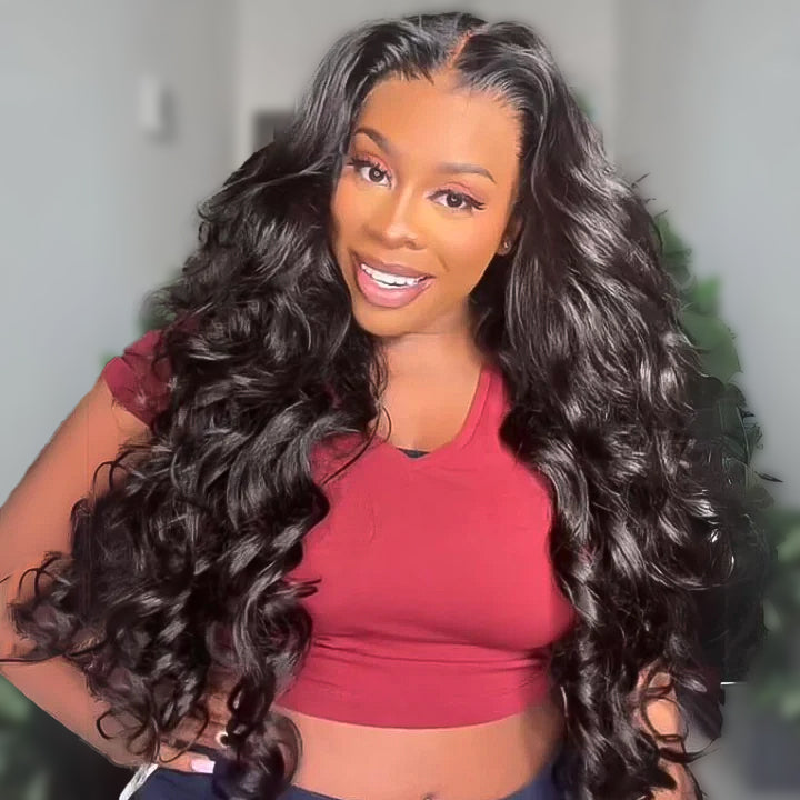 Double Drawn 3D Loose Wave Virgin Human Hair Transparent Full Lace Front Glueless Wig with Curtain Bangs
