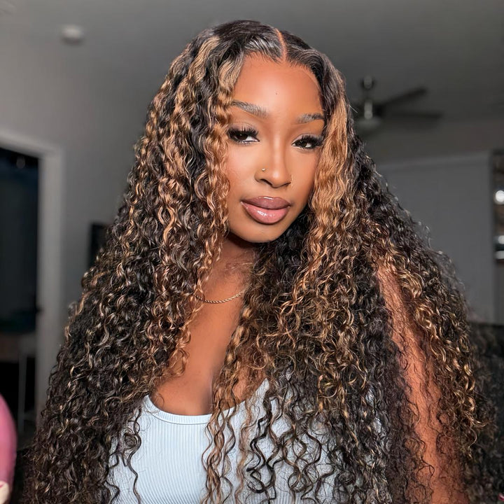 Bangjazz 13x6 Burmese Curly Ready To Wear Highlight Lace Front Wigs Human Hair for Beginners Pre Bleached 200 Density Drawstring Wig With Finger Coil Ends Pre Cut Lace For Women
