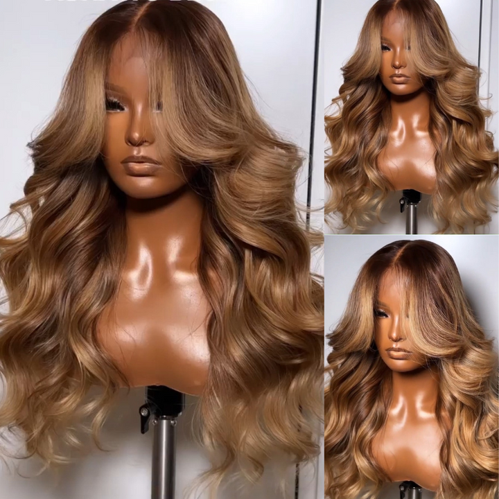 Highlights Brown with Blonde Glueless Loose Wave Natural Curtain Bangs Hair Clear Transparent Lace Front Wigs For Women-Bangjazz Hair