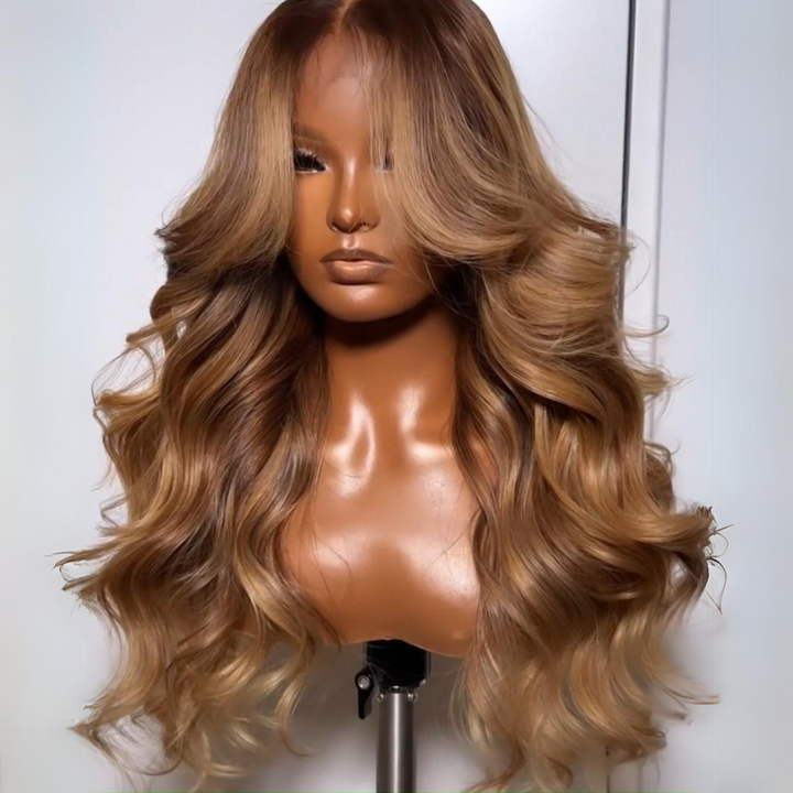 Highlights Brown with Blonde Glueless Loose Wave Natural Curtain Bangs Hair Clear Transparent Lace Front Wigs For Women-Bangjazz Hair