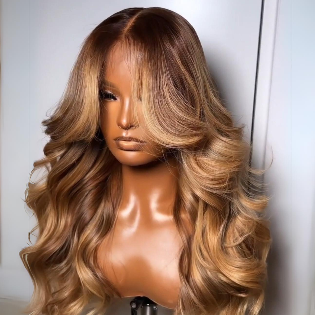 Highlights Brown with Blonde Glueless Loose Wave Natural Curtain Bangs Hair Clear Transparent Lace Front Wigs For Women-Bangjazz Hair
