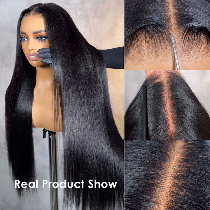Yaki Straight 7x5 Glueless Lace Natural Black Color Put On and Go Invisi Drawstring Human Hair Wigs- Bangjazz Hair