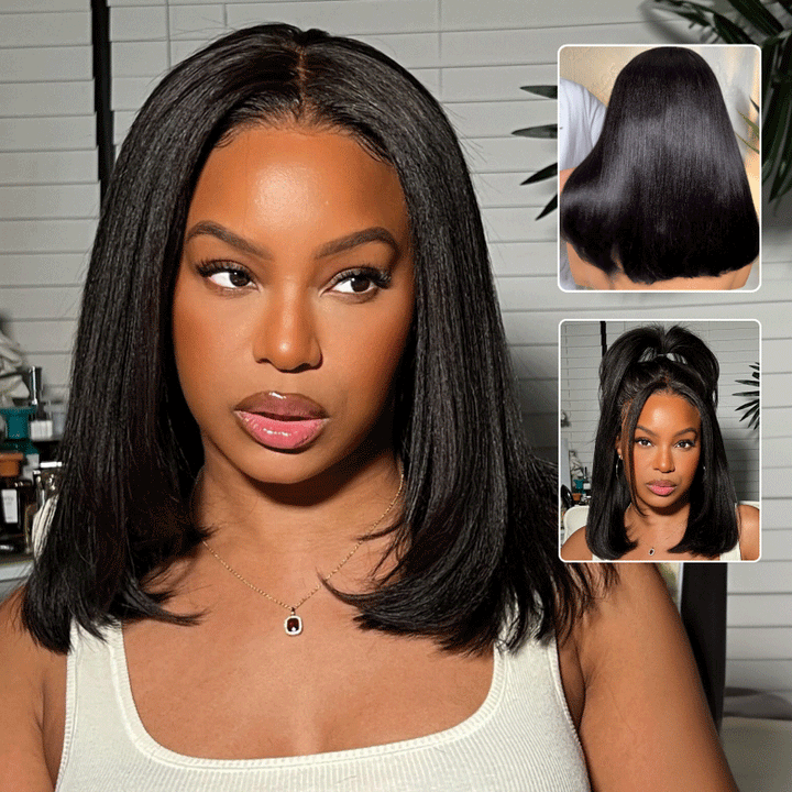 Yaki Straight 7x5 Glueless Lace Natural Black Color Put On and Go Invisi Drawstring Human Hair Wigs- Bangjazz Hair