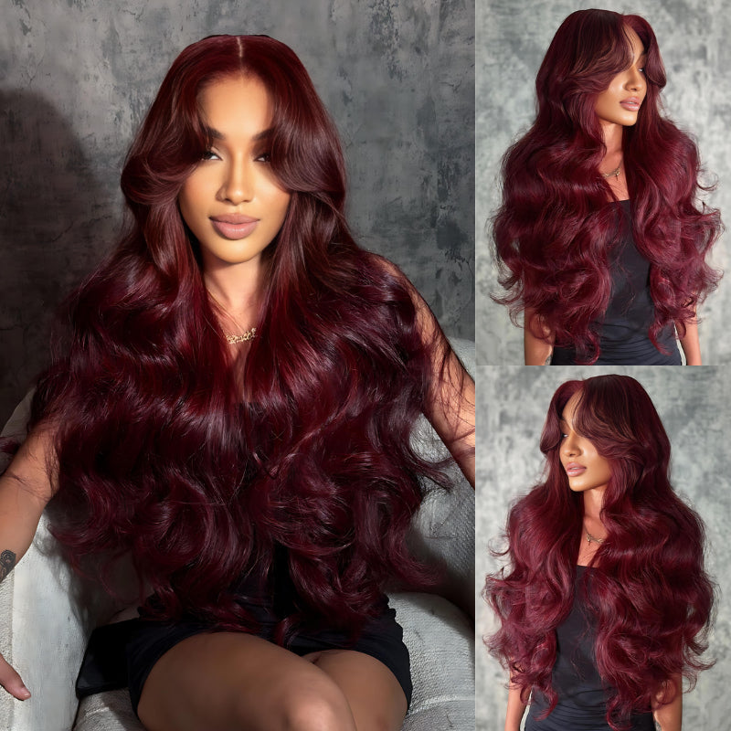 Glueless 7x5 / 13x4 Full Lace Frontal Dark 99J Burgundy Red Colored 3D Body Wave HD Transparent Lace Human Hair Wigs