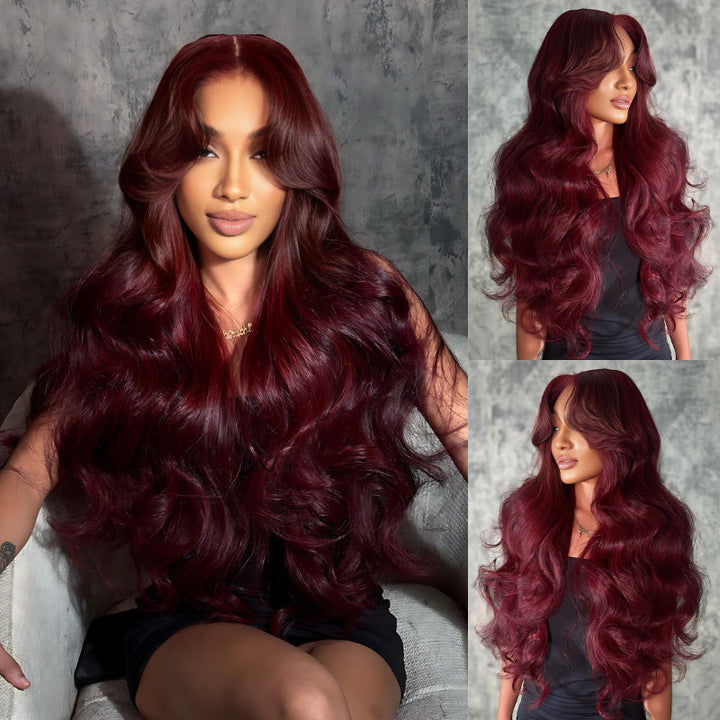 Glueless 7x5 / 13x4 Full Lace Frontal Dark 99J Burgundy Red Colored 3D Body Wave HD Transparent Lace Human Hair Wigs