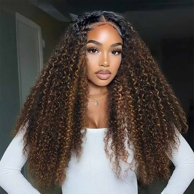 300% Density Brown Highlight Burmese Curly 13x6 Lace Front HD Transparent Lace Glueless Human Hair Wig