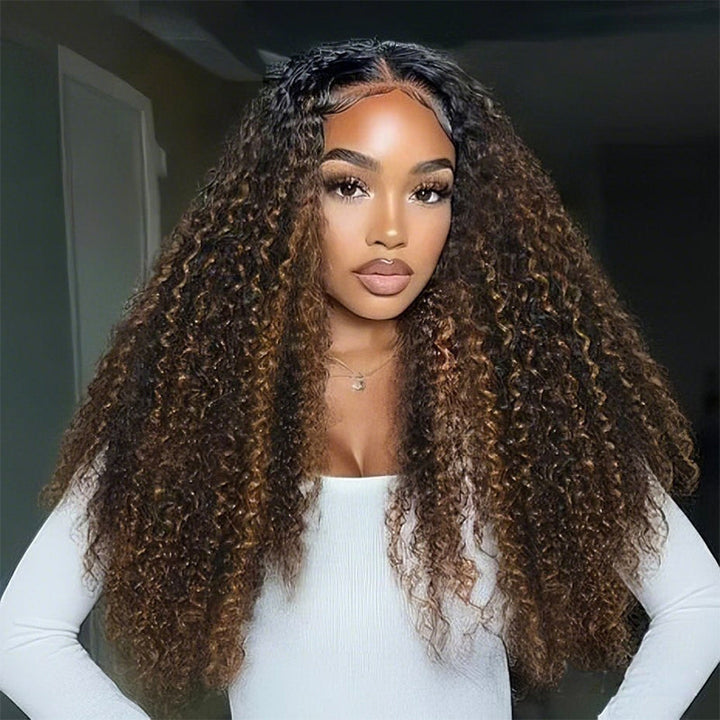 300% Density Brown Highlight Burmese Curly 13x6 Lace Front HD Transparent Lace Glueless Human Hair Wig