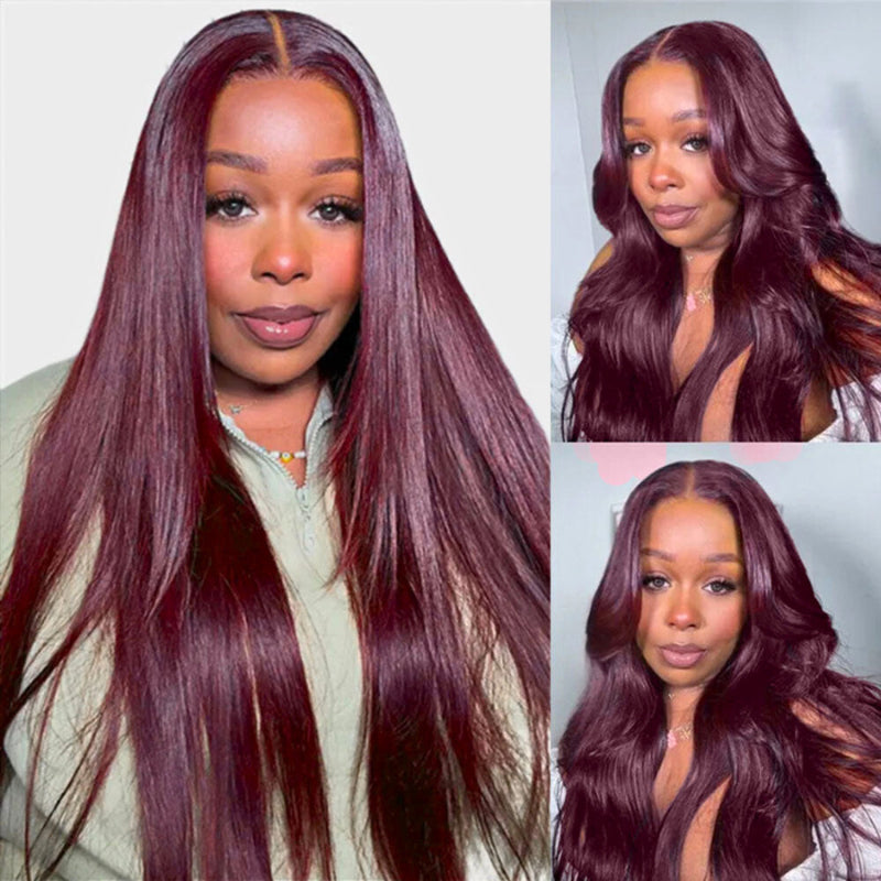 Straight 7x5 / 13x4 Lace Frontal Glueless Dark Purple Cherry Burgundy Wig Invisi Drawstring Human Hair Wigs-Bangjazz Hair