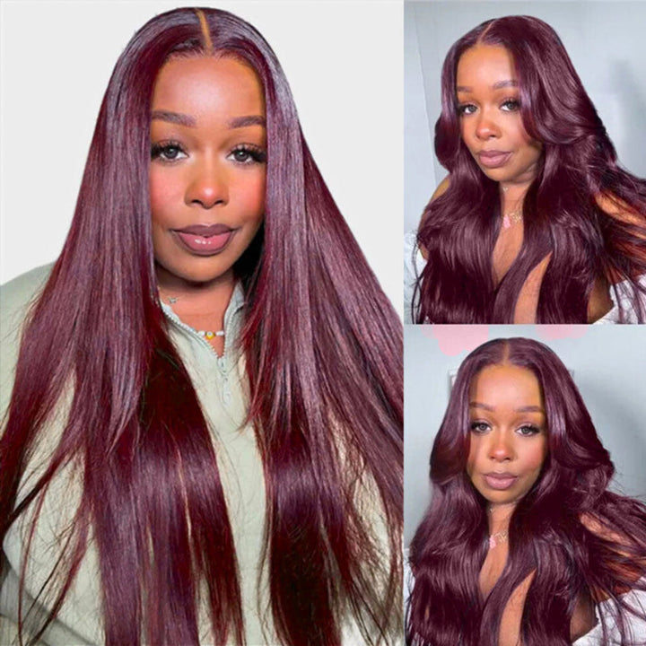 Straight 7x5 / 13x4 Lace Frontal Glueless Dark Purple Cherry Burgundy Wig Invisi Drawstring Human Hair Wigs-Bangjazz Hair