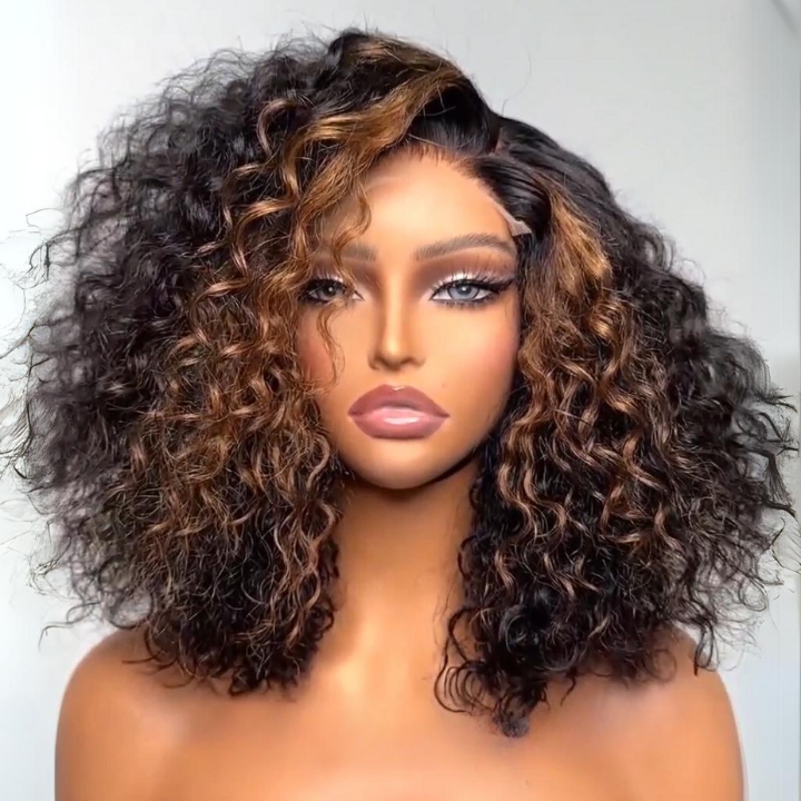 Highlight Curly Bob Lace Wig Brown with Black Ombre Color Wig Human Hair Pre Plucked-Bangjazz Hair