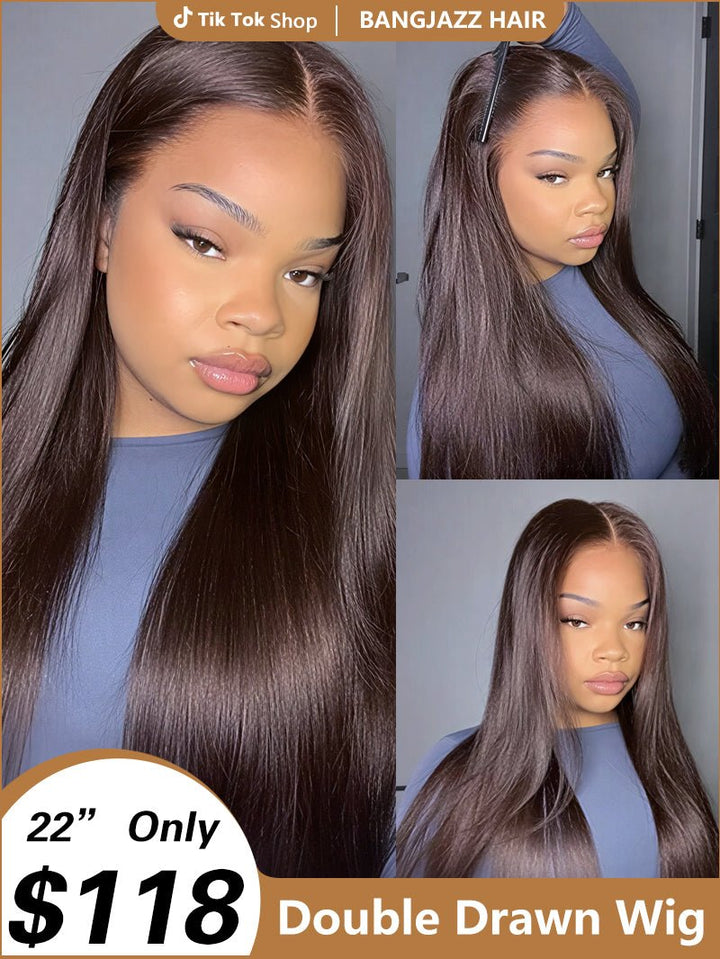 BangJazz Dark Brown Long Silk Double Drawn Straight Human Hair Wig Pre Bleached Knots 13X6 Lace Front Human Hair Wig Glueless Raw Human Hair