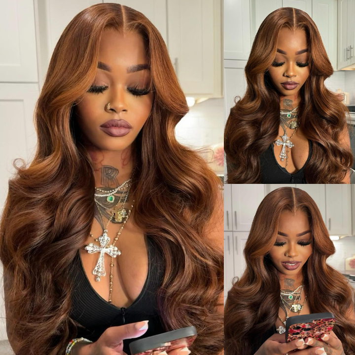 Highlight Light Brown Glueless 7x5 / 13x4 Lace Front Wig Human Hair Loose Wave Clear Transparent Lace Front Colored Wigs Human Hair Pre Plucked - Bangjazz Hair
