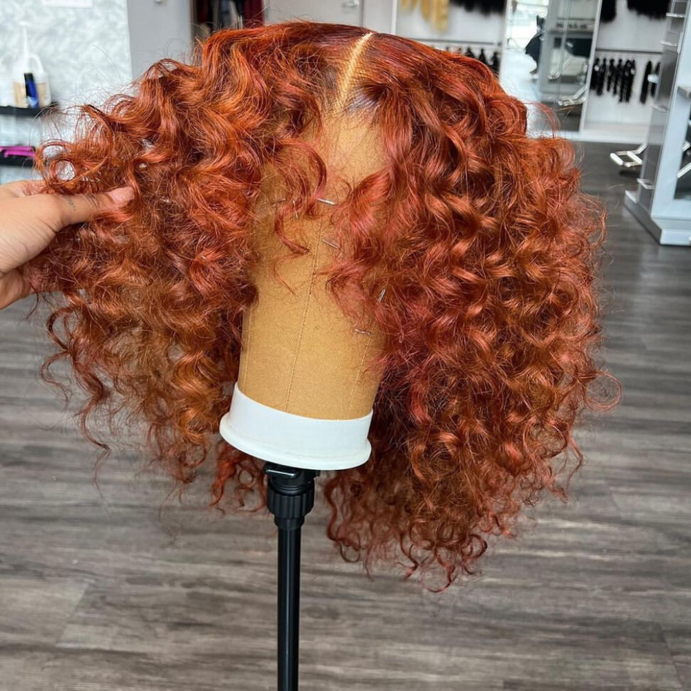 Ginger Orange Color 4x4 / 13x4 Curly Glueless Lace Front 180% Density Short Bob Human Hair Wigs