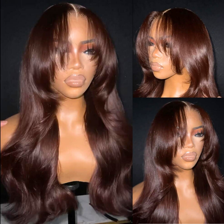 Dark Reddish Brown Glueless Body Wave Natural Curtain Bangs HD Transparent Lace Front Wigs For Women-Bangjazz Hair