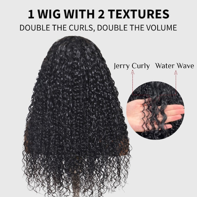 Glueless Water Wave &amp; Curly Natural Black Bouncy 13x4 Lace Frontal Transprent Lace Wig Beginner Friendly