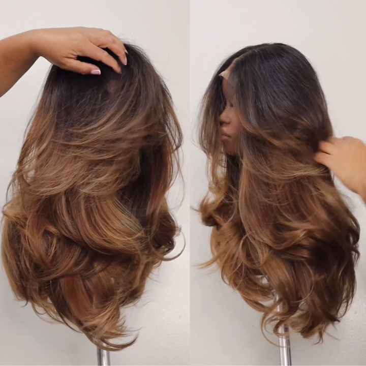 Glueless Layer Body Wave Dark Root Ombre Honey Blonde Lace Front Wig 100% Human Hair - Clear Transparent Lace Front/Closure Human Hair Colored Wig- Bangjazz Hair