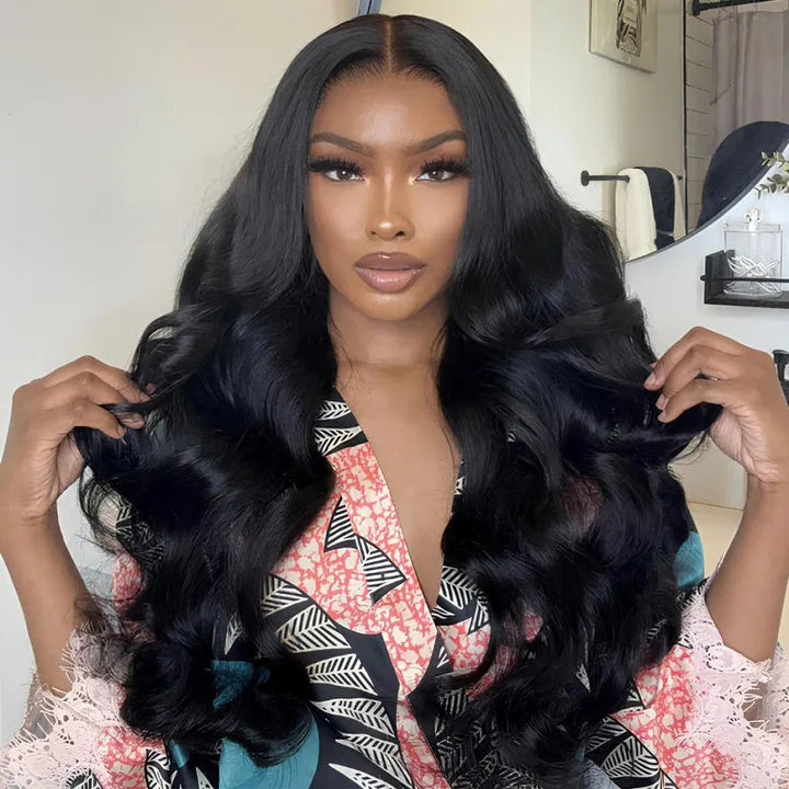 300% Density Glueless 3D Body Wave 7x5 / 13x4 HD Transparent Lace Pull And Go Invisible Drawstring Human Hair Wigs With Natural Hairline-Bangjazz Hair