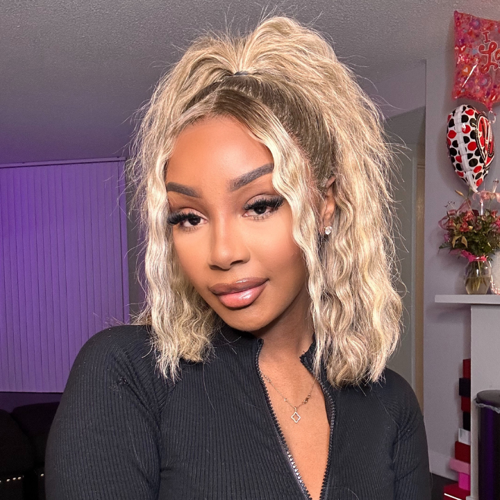 Ombre Ash Blonde Straight Short Bob 180% Density Transparent Lace Frontal Glueless Wigs -Bangjazz Hair