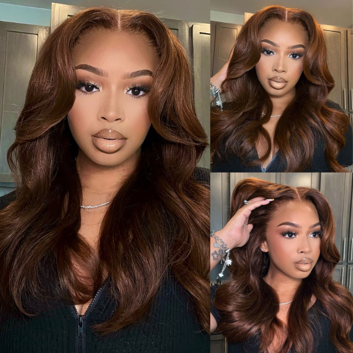 Chestnut Brown Loose Wave Human Hair Wigs with Curtain Bangs Glueless Lace Front Colored Wig - Bangjazz Hair