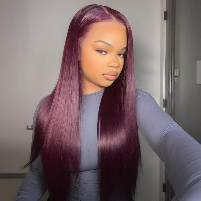 Straight 7x5 / 13x4 Lace Frontal Glueless Dark Purple Cherry Burgundy Wig Invisi Drawstring Human Hair Wigs-Bangjazz Hair