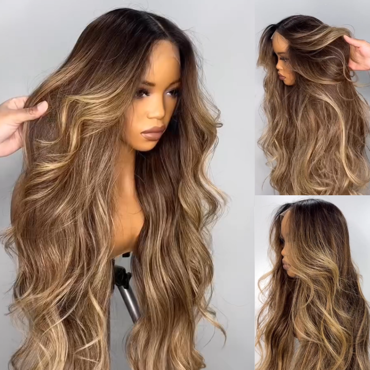 Bangjazz Highlight Honey Blonde Mix Brown Loose Wave Glueless 13x4 HD Transparent Pre Everything Lace Front Human Wigs