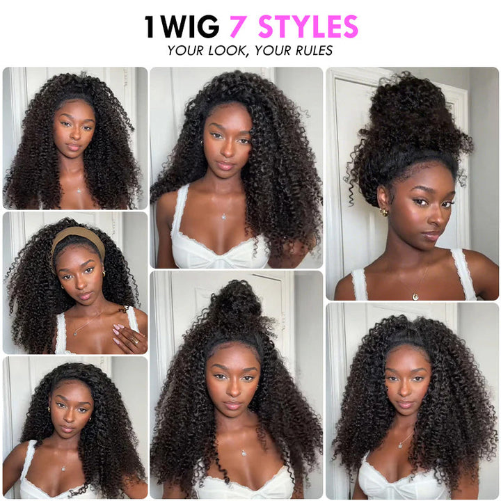 3 In 1 Half Wig | Kinky Curly Put On &amp; Go Invisible Drawstring Glueless Flip Over Half Wig Beginner Friendly