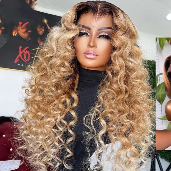 Glueless Ombre Honey Blonde Colored Deep Wave Transparent 180% Density 13x4 Lace Front Human Hair Wigs Human Hair Wigs for Women-Bangjazz Hair