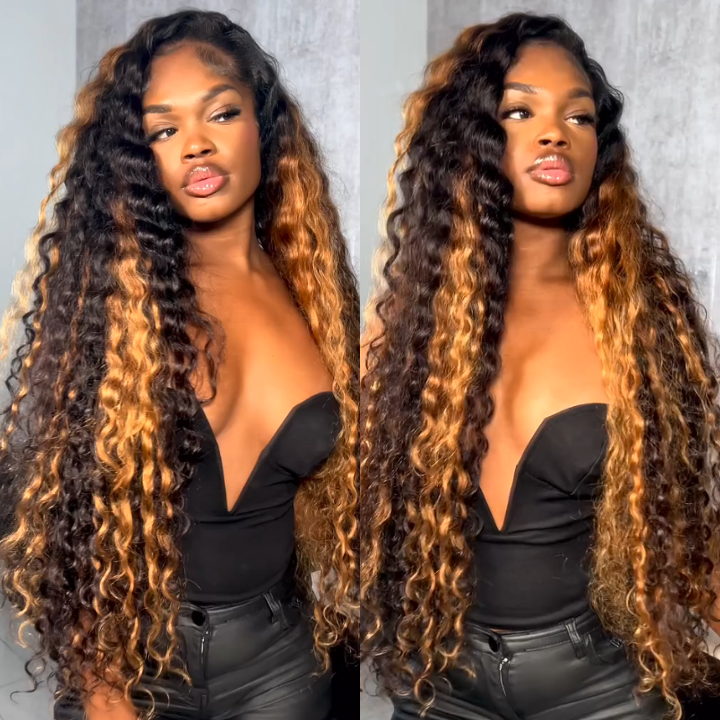 Highlight Golden Glueless Lace Front Wig Human Hair Loose Deep Wave Wigs Clear Transparent Front Wigs Human Hair Pre Plucked with Baby Hair Bangjazz Hair