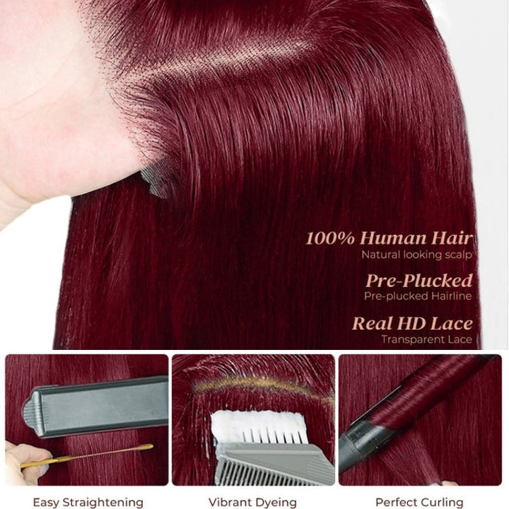 Straight Glueless 7x5 / 13x4 Lace Front Wig Pre Everything 99J Burgundy Red Colored Transparent Lace Human Hair Wigs- Bangjazz Hair