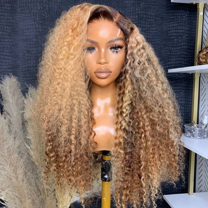 Highlight Color Honey Blonde Curly HD Transparent Full Lace Front Wig With Brown Roots- Bangjazz Hair
