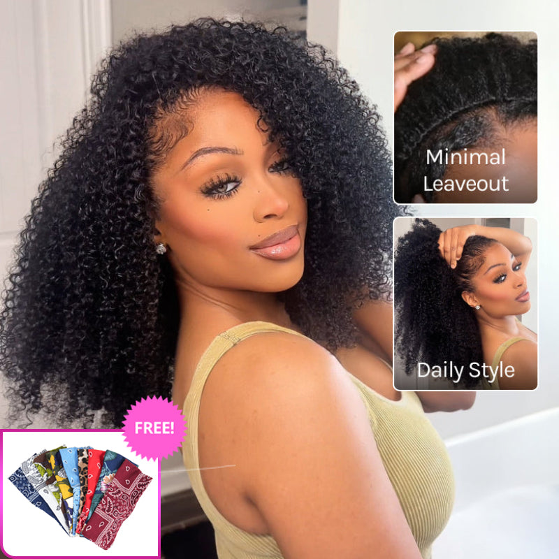 3 In 1 Half Wig | Kinky Curly Put On &amp; Go Invisible Drawstring Glueless Flip Over Half Wig Beginner Friendly