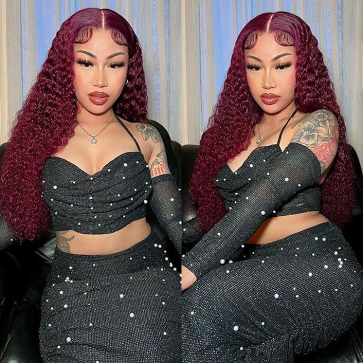 99J Burgundy Lace Front Wig Curly Colored HD Transparent Lace Human Hair Wigs - Bangjazz Hair