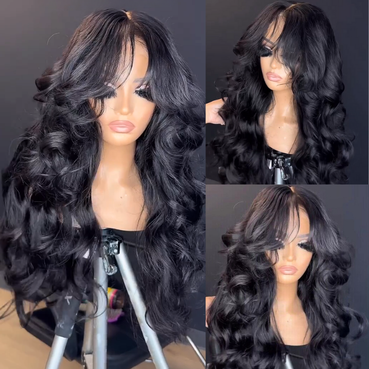 300% Density Luxury custom wigs Curtain Bangs Loose Wave Glueless 13x4 Lace Front Wigs Clear Transparent -Bangjazz Hair