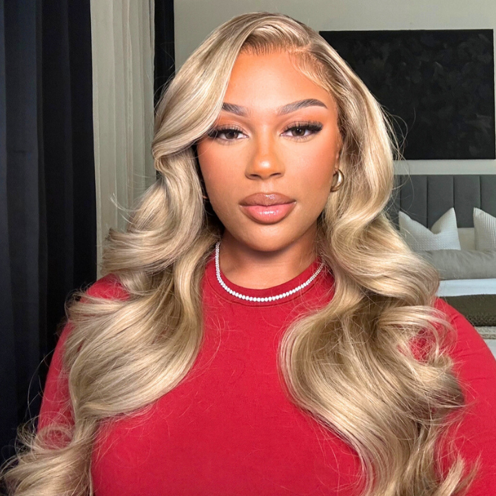 Blonde Highlight Champagne Color 13x4 HD Transparent Lace 613 Body Wave / Straight Human Hair Wigs 180% Density