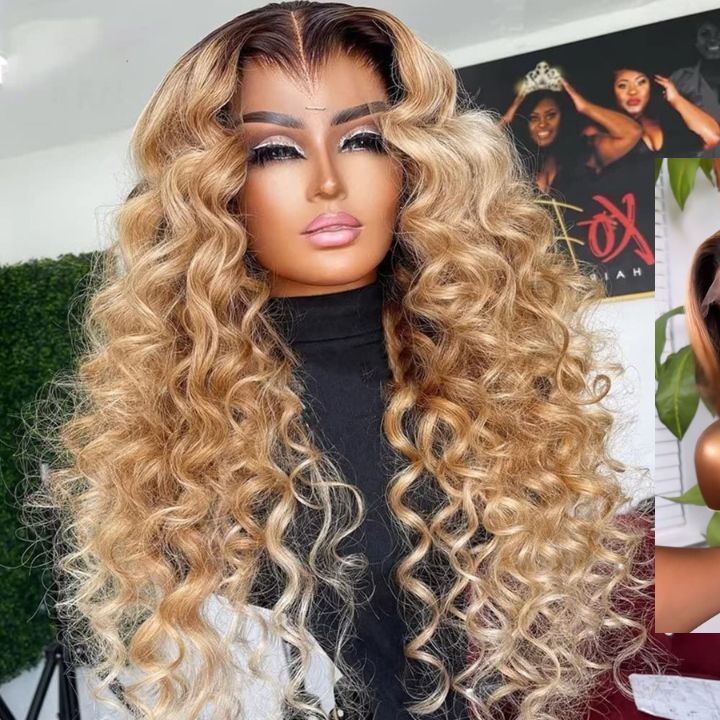 Glueless Ombre Honey Blonde Colored Deep Wave Transparent 180% Density 13x4 Lace Front Human Hair Wigs Human Hair Wigs for Women-Bangjazz Hair