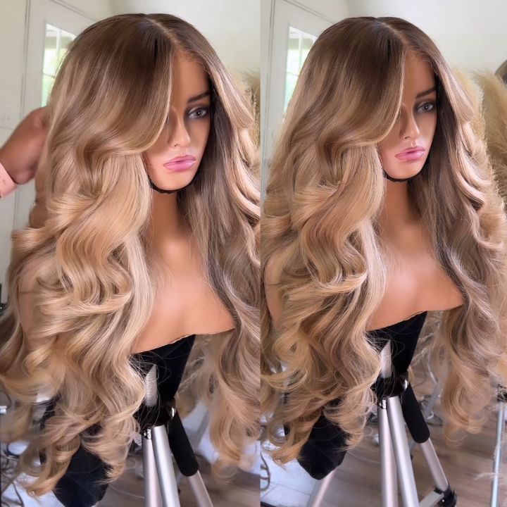 Glueless Highlight Brown Honey Blonde Lace Front 3D Body Wave Wig 100% Human Hair - Clear Transparent Lace Front/Closure Human Hair Wig- Bangjazz Hair