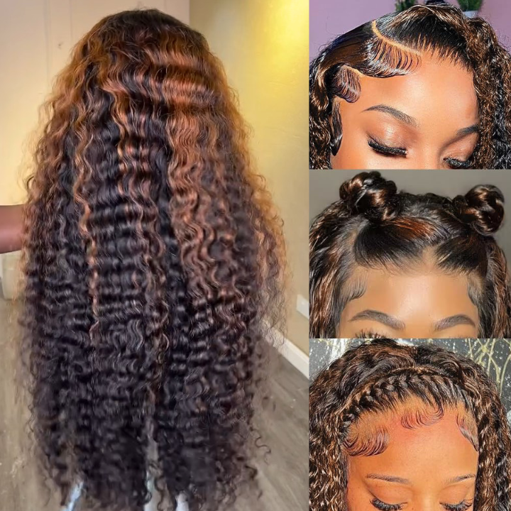13x4 HD Lace Deep Wave Glueless Wig Highlight Light Brown 250% Density Human Hair