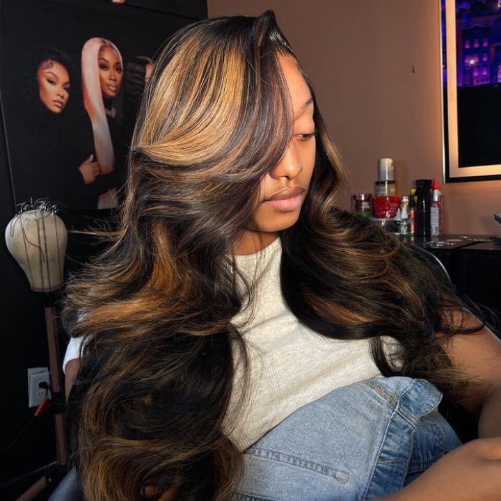 Blayage Highlight 1B/30 Color Body Wave Human Hair 13x4 Lace Front Wigs - Bangjazz Hair