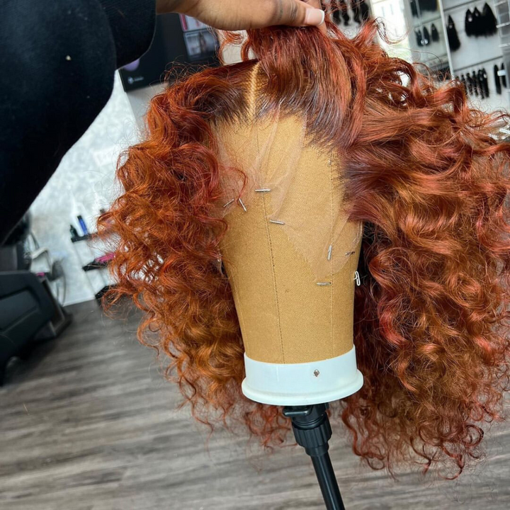 Ginger Orange Color 4x4 / 13x4 Curly Glueless Lace Front 180% Density Short Bob Human Hair Wigs