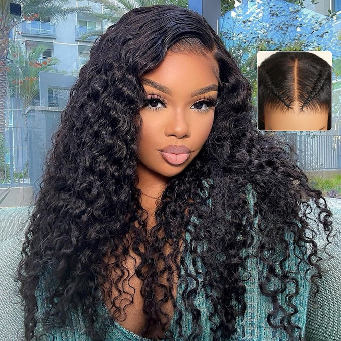Glueless Water Wave &amp; Curly Natural Black Bouncy 13x4 Lace Frontal Transprent Lace Wig Beginner Friendly