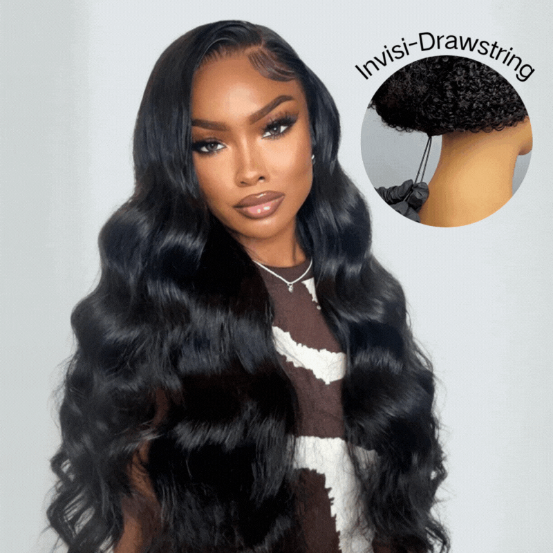 300% Density Glueless 3D Body Wave 7x5 / 13x4 HD Transparent Lace Pull And Go Invisible Drawstring Human Hair Wigs With Natural Hairline-Bangjazz Hair