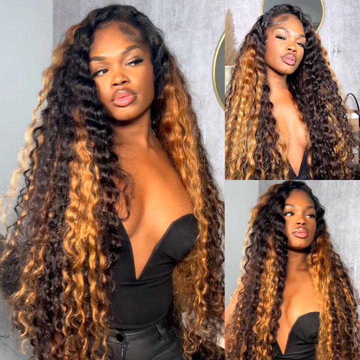 Highlight Golden Glueless Lace Front Wig Human Hair Loose Deep Wave Wigs Clear Transparent Front Wigs Human Hair Pre Plucked with Baby Hair Bangjazz Hair